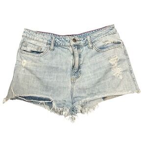 Cello Shorts Women's Large Blue  Denim Cut Off High Rise Light‎ Wash Distressed
